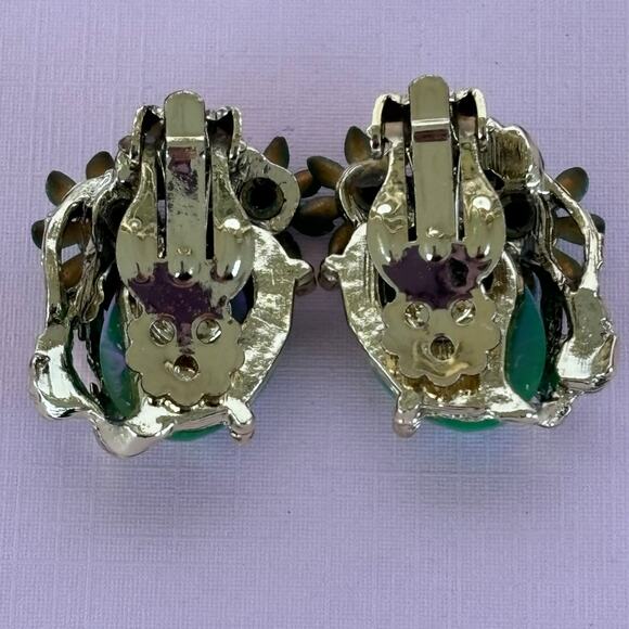 VINTAGE Forget Me Not Rhinestone & Pearl Gold Tone Clip On Earrings - Picture 6 of 7